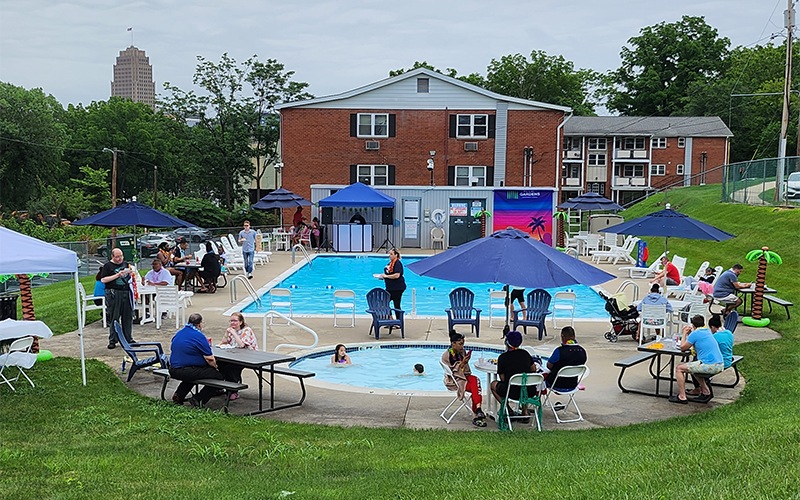a community swimming at a pool